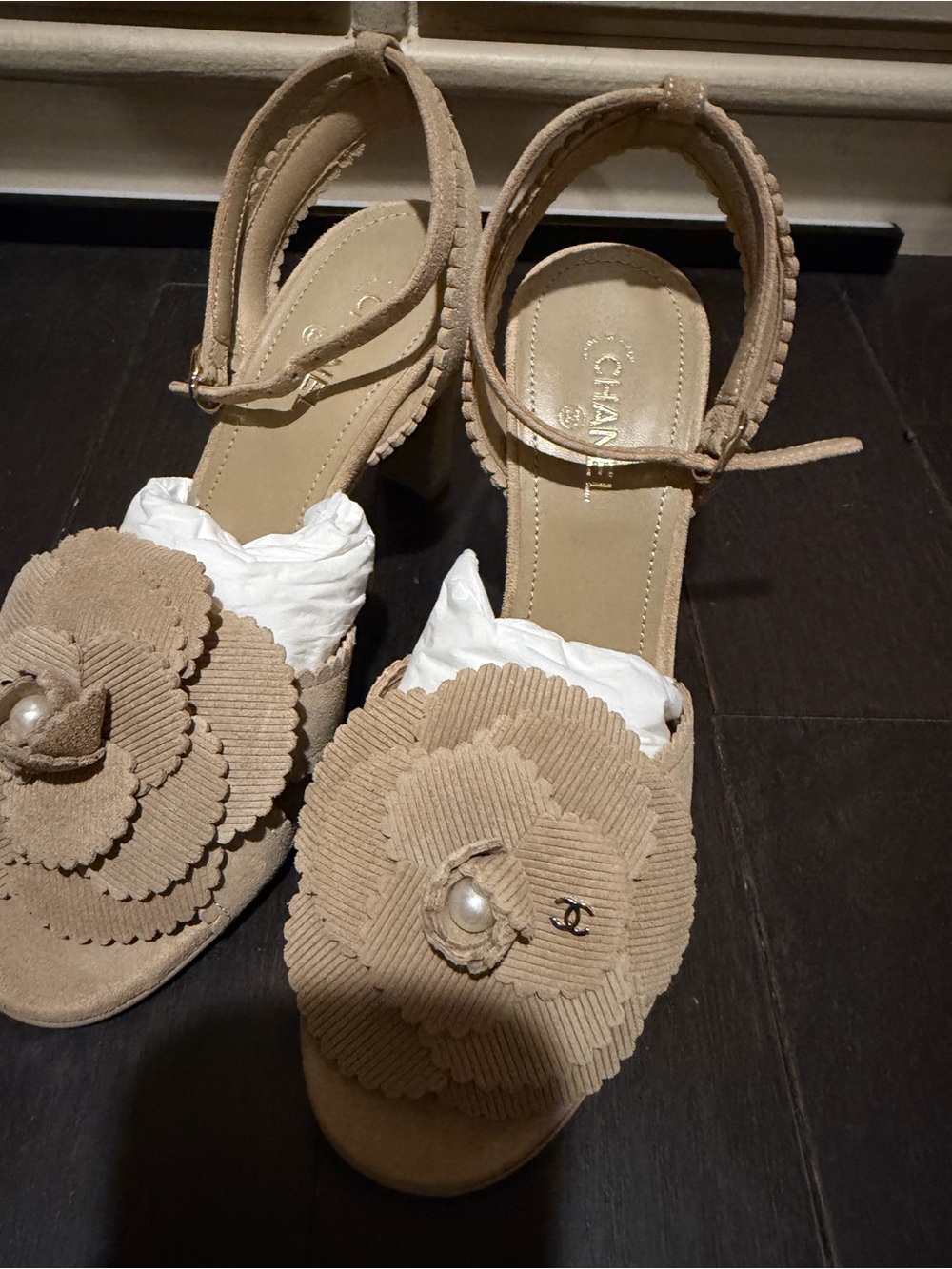 Charles & Keith Beige Floral Suede Ankle-Strap Heels